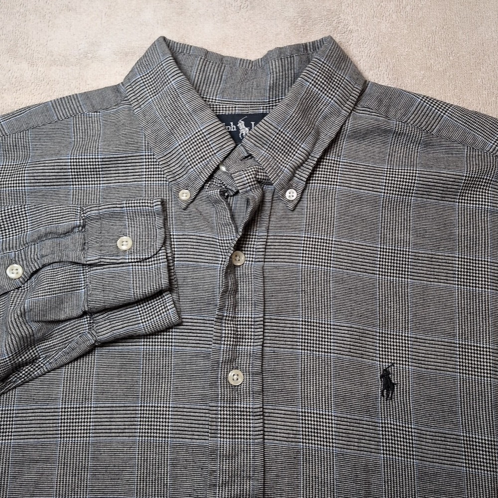 Vintage Ralph Lauren Blaire Cotton Black Button Down Plaid Mens Shirt Size Large